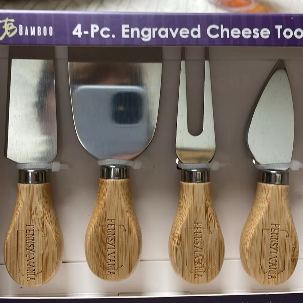 New “Pennsylvania” Engraved Totally Bamboo 4 pc Cheese Tool Set Bamboo handle